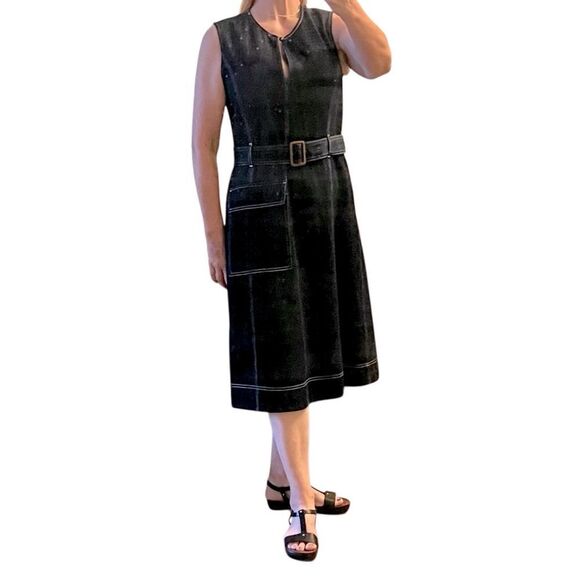 Vintage 90s Y2K Polo Ralph Lauren Rigid Denim Indigo Fit Flare Midi Dress 14 - Picture 1 of 16